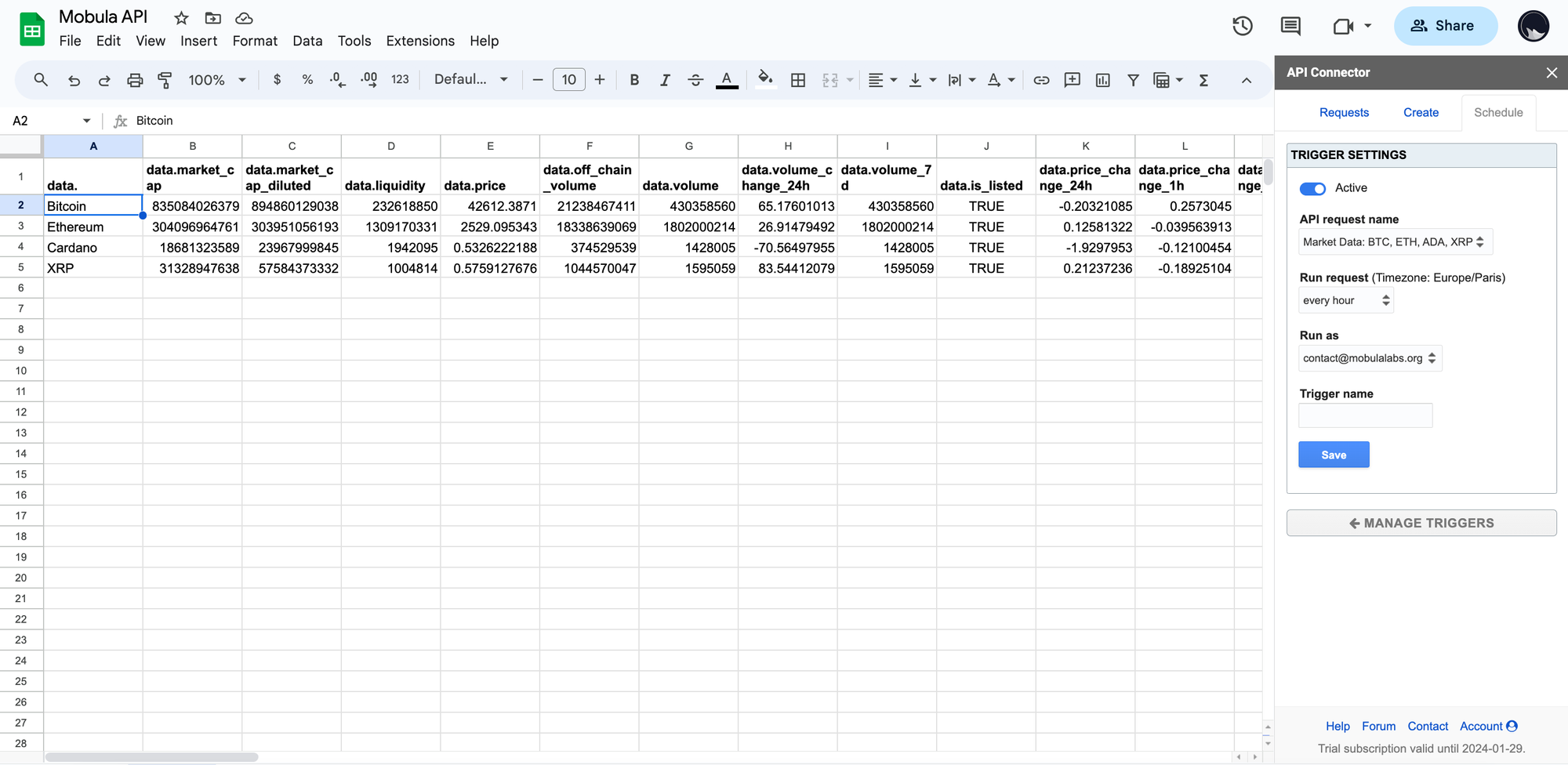 API Connector Google Sheets Add-on Trigger Refresh Settings | CoinGecko API